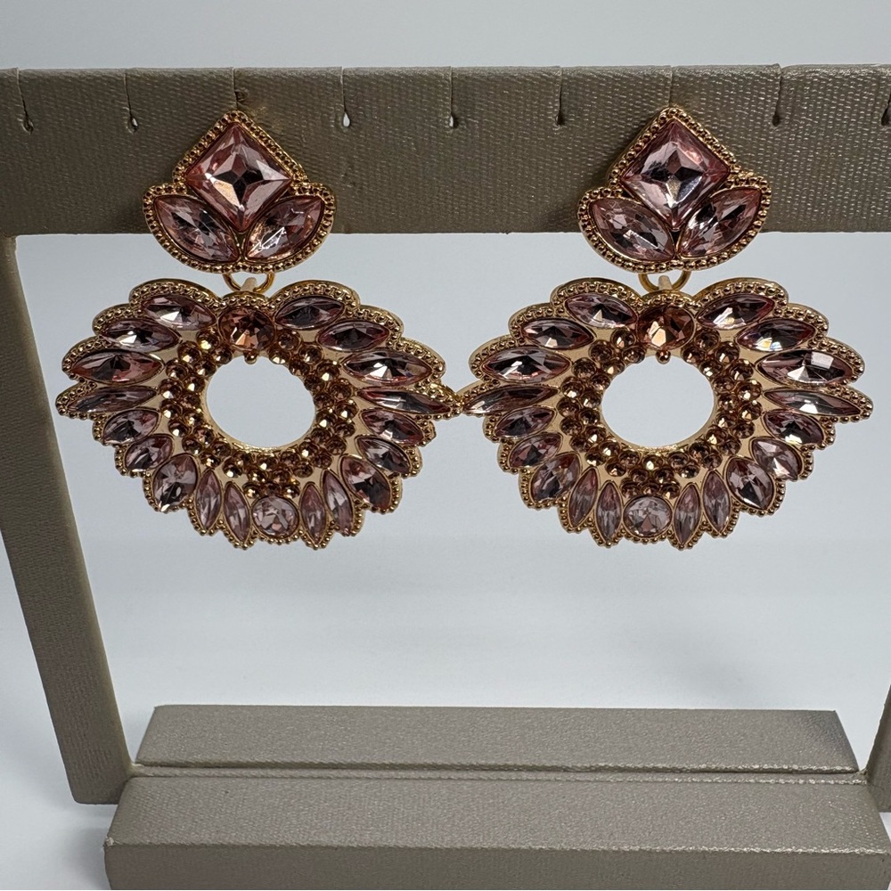 Peach Crystal Geometric Dangle Rose Gold Statement Drop Earrings in Gold Tone